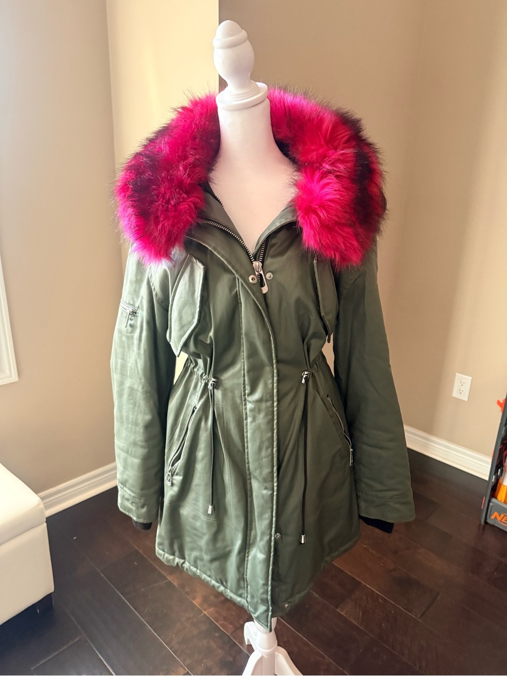 Bench Olive Green Puffer Parka with Hot Pink Faux Fur Hood